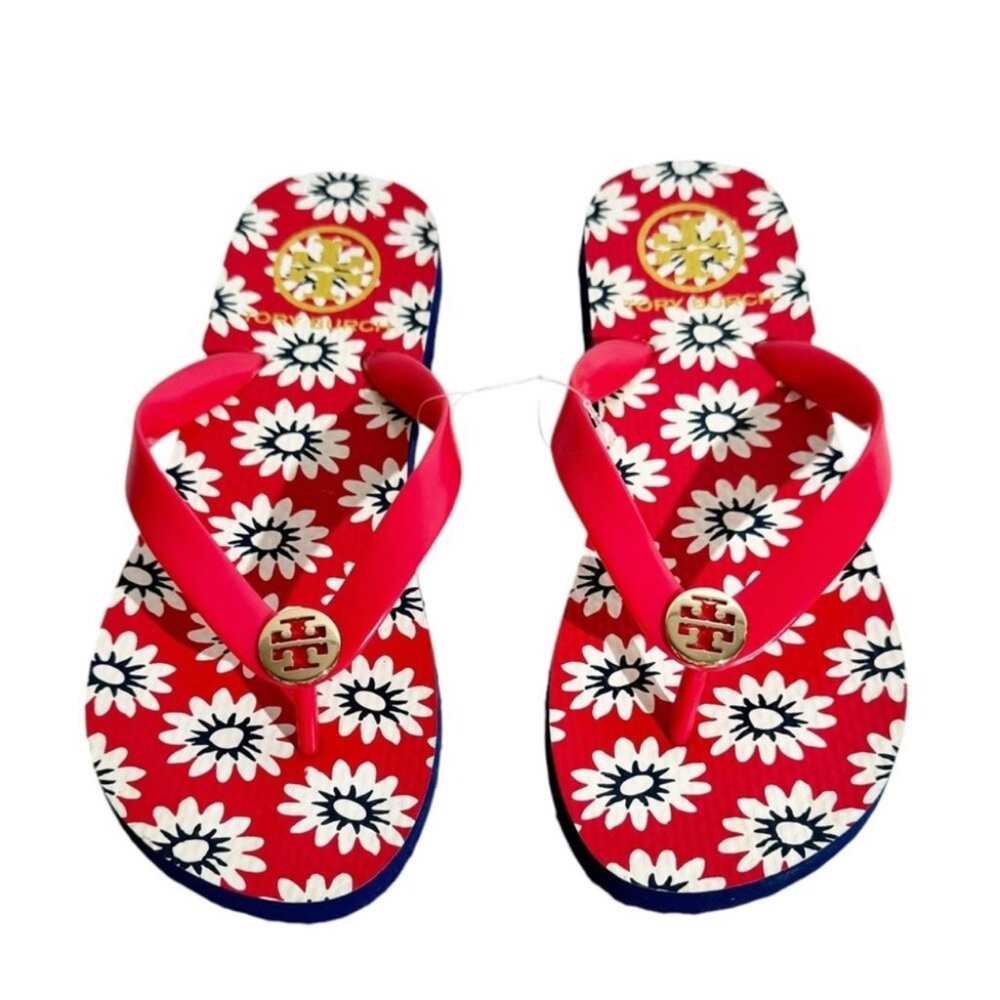 Tory Burch Red and White Daisy Flip Flops